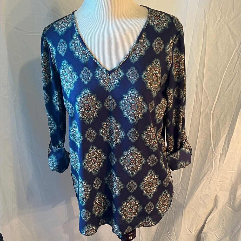 Ann Taylor Navy Medallion V-Neck Semi- Sheer Blouse